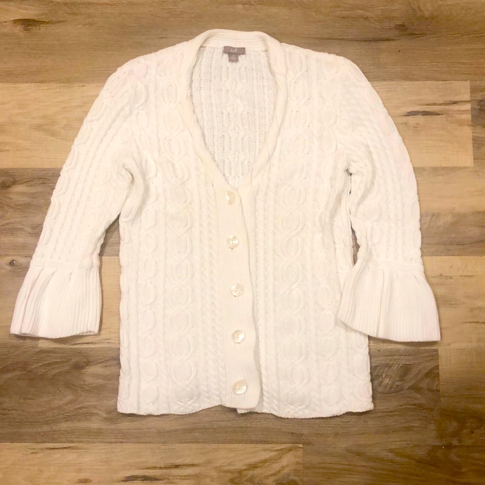 J JILL WHITE COTTON SWEATER W/FLUTTER 3/4 SLEEVE DETAILING PRISTINE